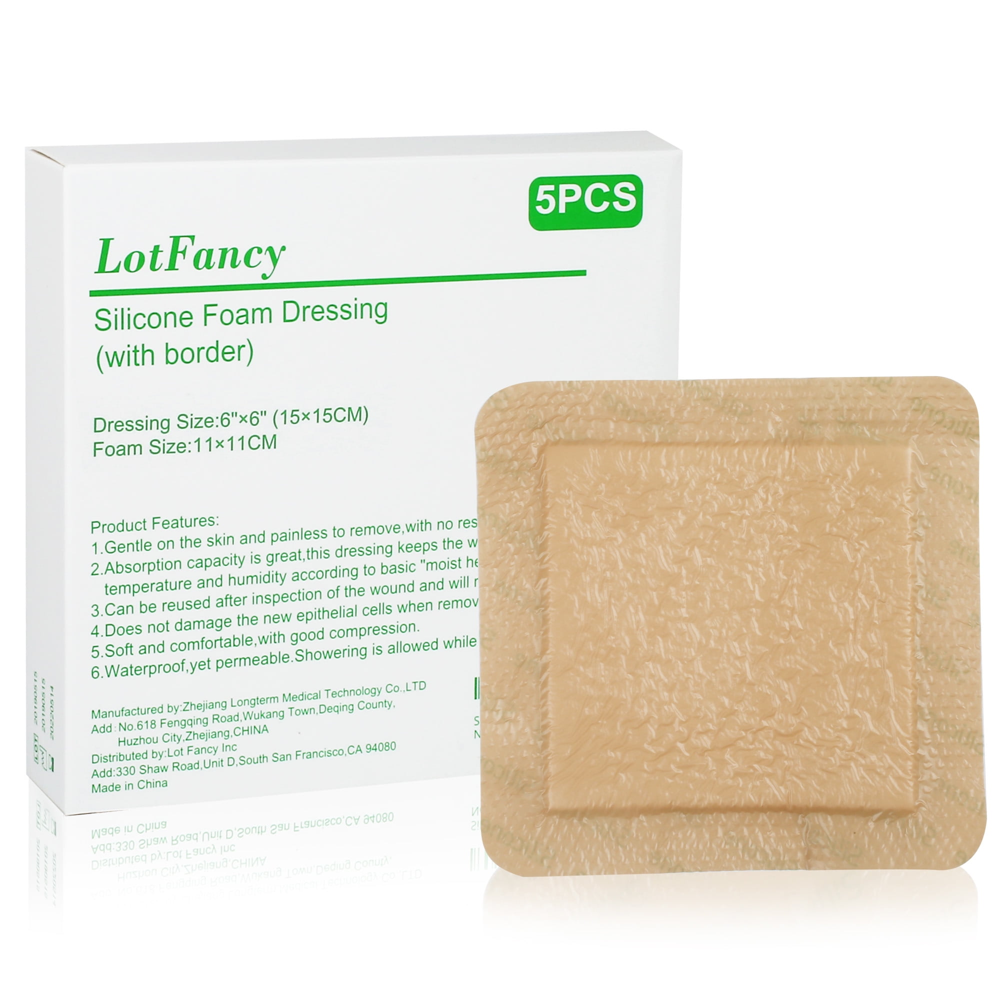 LotFancy 5Pcs Silicone Foam Dressing with Border, 6x6 in, Adhesive