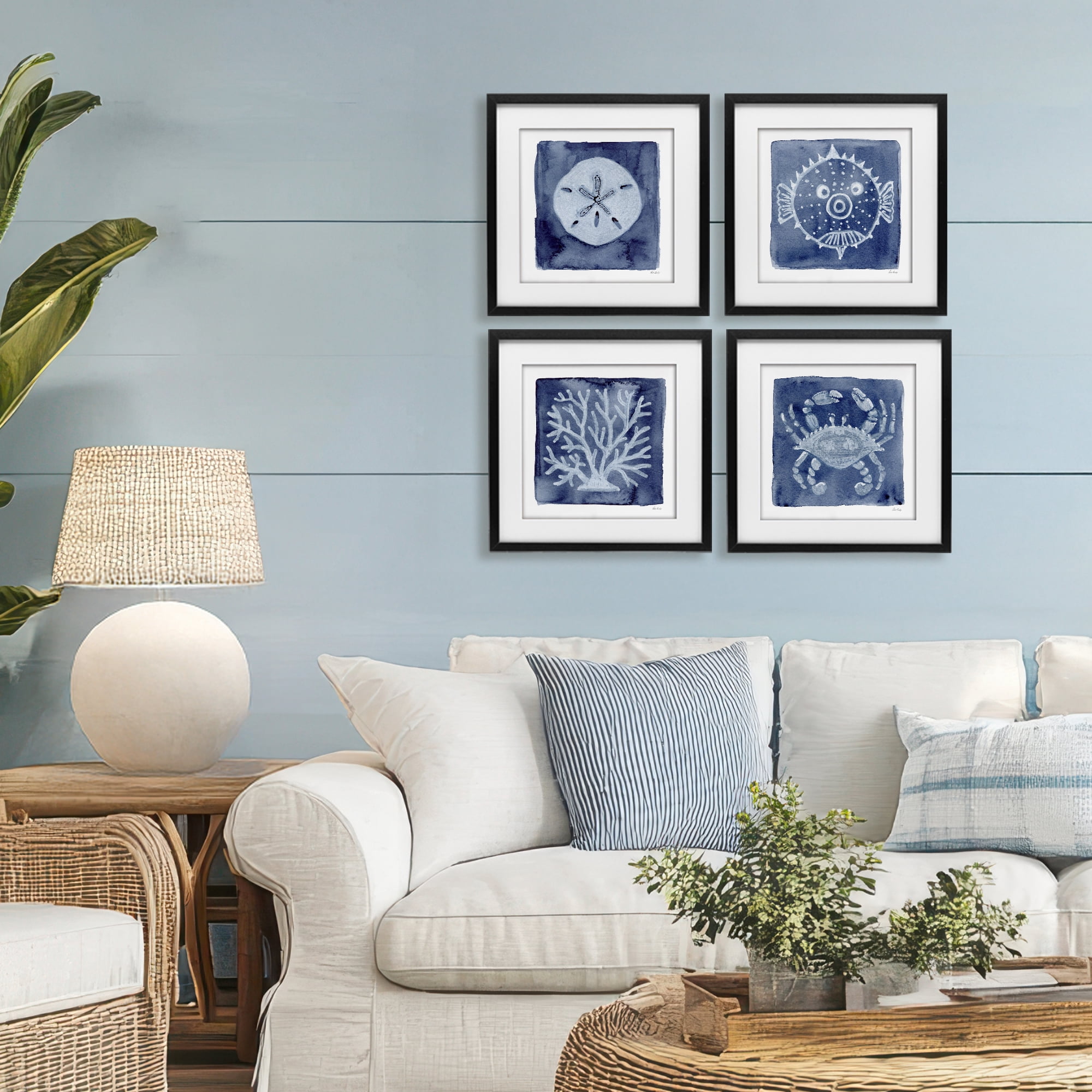 Stupell Industries Aquatic Creatures on Indigo 4 Piece Black Framed Print Under Glass Set, design by Patti Bishop