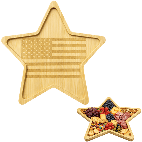 Patriotic Charcuterie Board, 11.8 in Star Shaped Serving Tray with American Flag Design, Wooden Serving Platter for 4th of July Decoration, Memorial Day Cheese Board for Fruits Snacks and Meat
