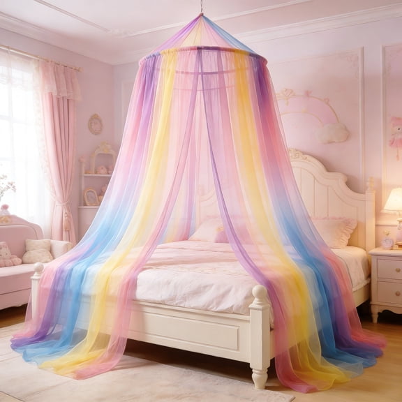 Rainbow Colorful Bed Canopy Mosquito Net, Bed Canopy for Girls Room Decor - Insect Protection Hanging Canopy for Adults, Babies, Single Door