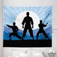thumbnail image 1 of Kung Fu Tapestry, Karate Men Silhouettes on Sun Rays Mountains, Fabric Wall Hanging Decor for Bedroom Living Room Dorm, 5 Sizes, Sky Blue Grey, by Ambesonne, 1 of 1