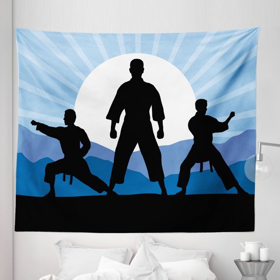 Kung Fu Tapestry, Karate Men Silhouettes on Sun Rays Mountains, Fabric Wall Hanging Decor for Bedroom Living Room Dorm, 5 Sizes, Sky Blue Grey, by Ambesonne