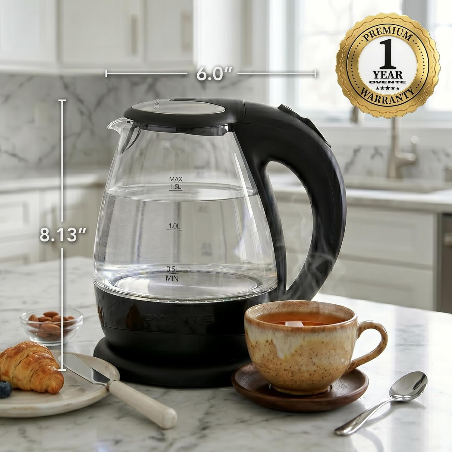 Ovente Lighted Electric Glass Kettle 1.5 L with Blue LED Lights, Black KG845B