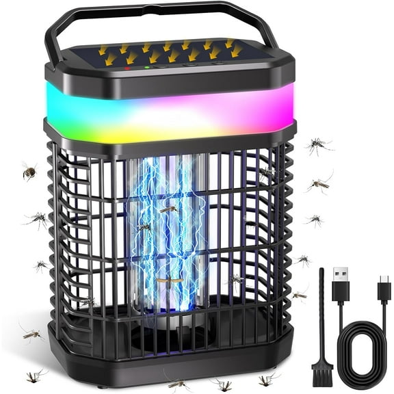 Solar Bug Zapper Outdoor 4000V Mosquito Zapper Solar 2IN1 Bug Repellent Outdoor Patio with 5500mAh Battery&LED,Electric Fly Zapper with Hook,Cordless&Rechargeable Mosquito Repellent for Patio Camping