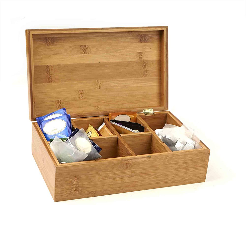 Bamboo Tea Box Storage Organizer, 8 Compartment Chest Box, Natural