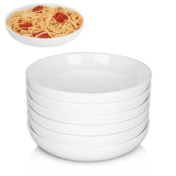 6pcs Pasta Bowls 22oz, 8 Inch Salad Bowl Set, Kitchen Porcelain Pasta Plates, Large Ceramic Shallow Bowls for Serving Dinner Pasta Noodles Soup, Microwave & Dishwasher Safe, White