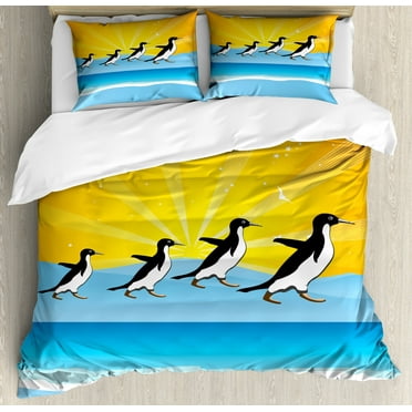 Sunburst Duvet Cover Set Queen Size, Cartoon Style Illustration of Penguins Walking on Ice Cheerful Layout, Decorative 3 Piece Bedding Set with 2 Pillow Shams, Orange Blue and White, by Ambesonne