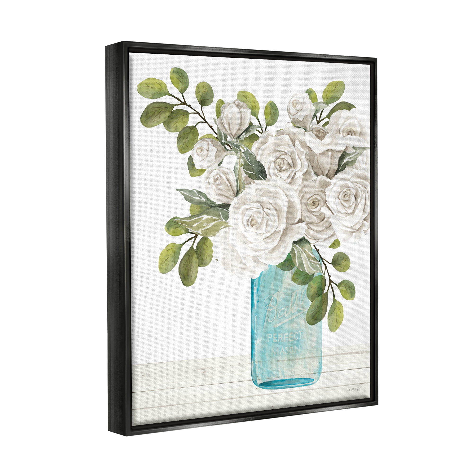 Stupell White Blossoms Country Jar Botanical & Floral Painting Black Floater Framed Art Print Wall Art
