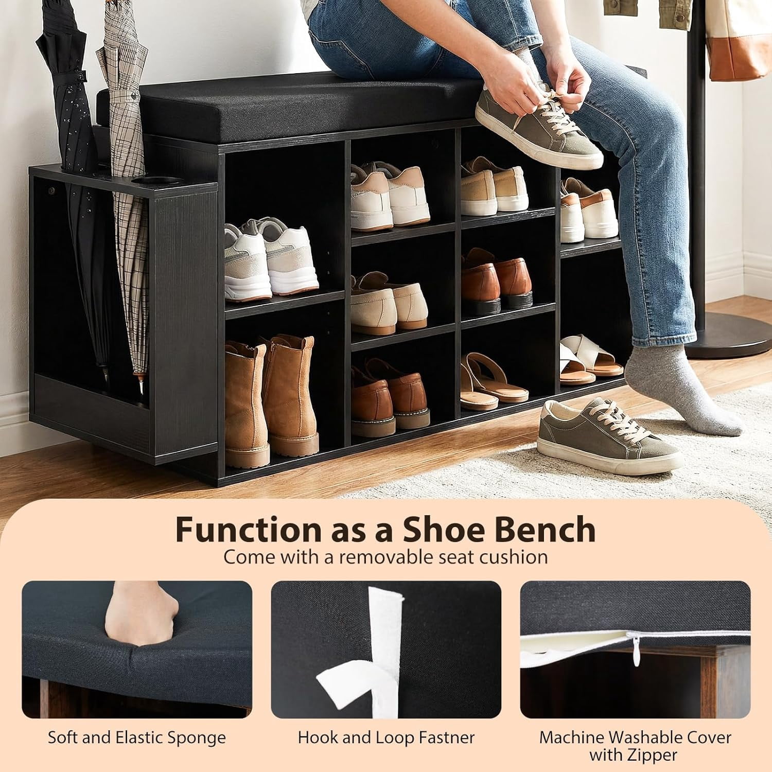 Shoe Storage Bench with Umbrella Holder, 40" Shoe Organizer with Cushioned Seat, 10 Cubbies & Adjustable Shelves, Wooden Industrial Shoe Rack for Entryway, Living Room, Bedroom