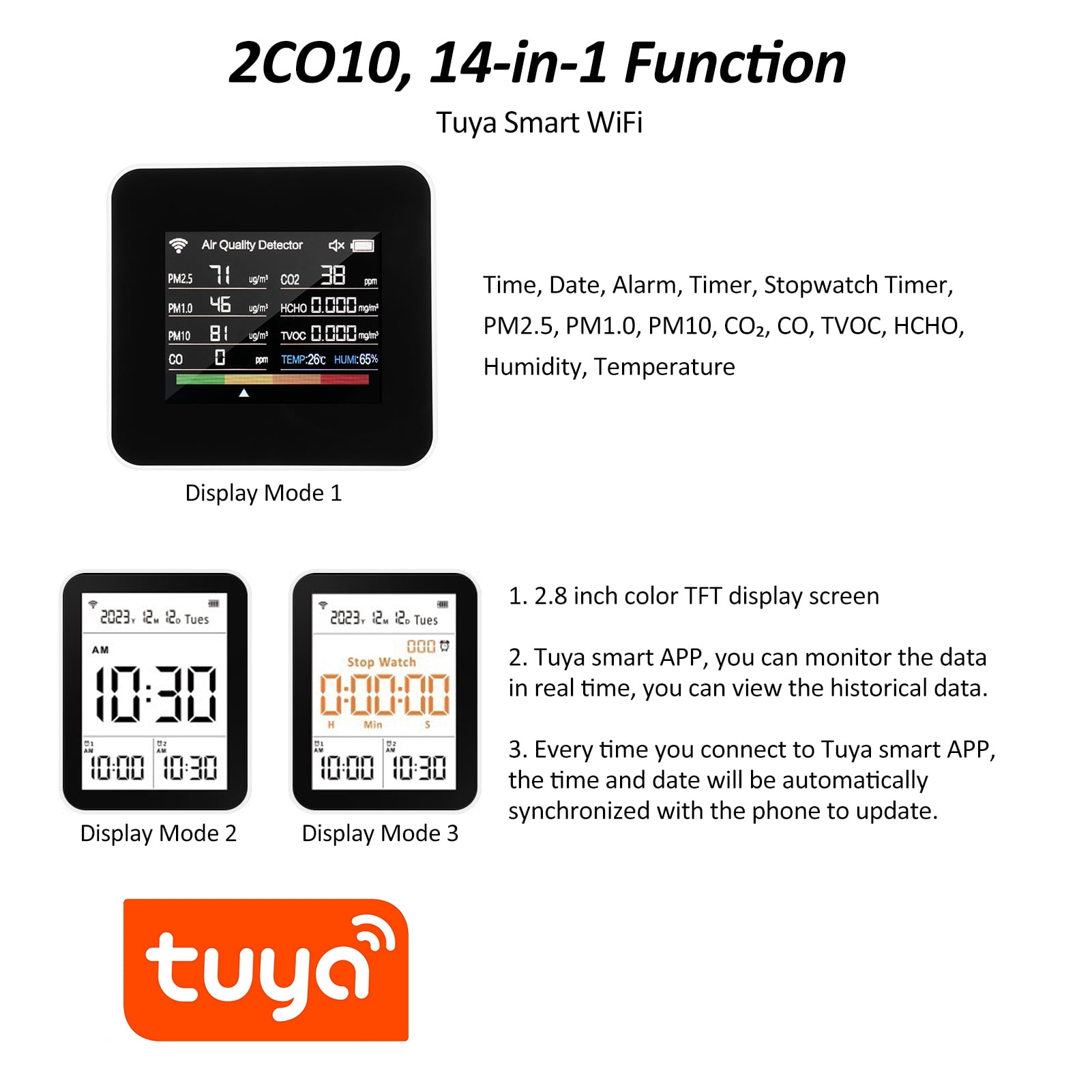 Air quality detector,Pm1.0 Pm10 And Pm2.5 Pm1.0 Quality - Pm10 2.8inch Tft Co Tvoc Air Quality Display Support App Tvoc Temperature Wifi App With Time 14-in-1 Indoor Tft In 1