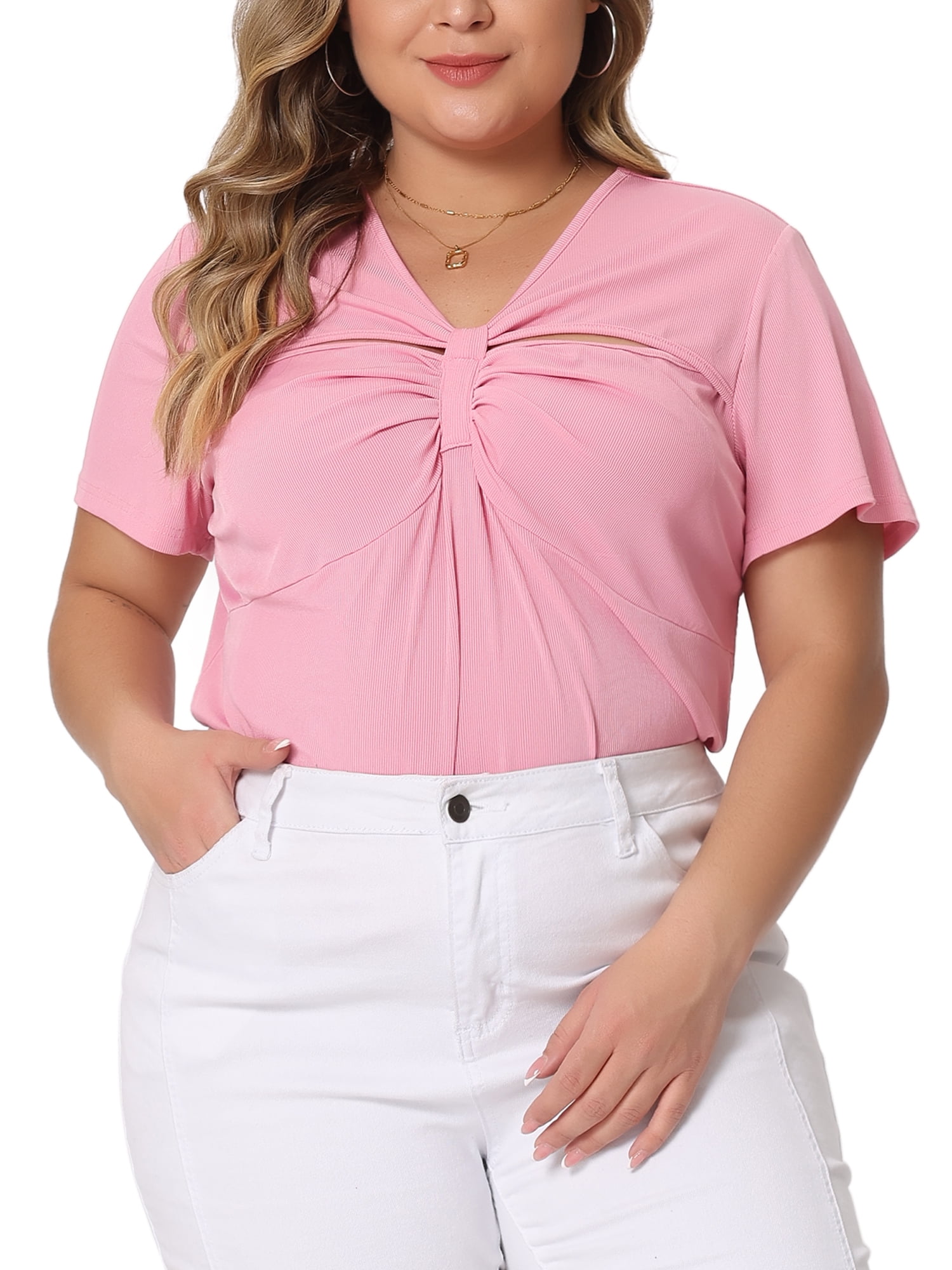 Unique Bargains Women Plus Size Ribbed Knit Cut-Out Twist Short Sleeve Tee Shirt 4X Pink