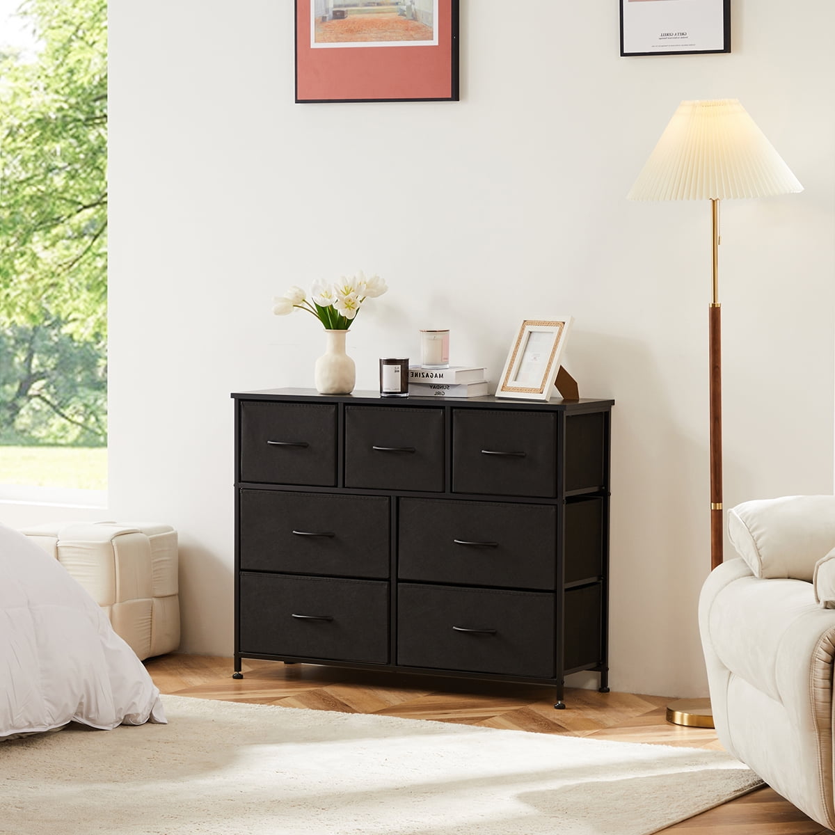 Gianna Chest of Drawers with 7 Fabric Drawers, Drawer Cabinet, Organization Furniture for Kitchen, Office, Hallway, Black