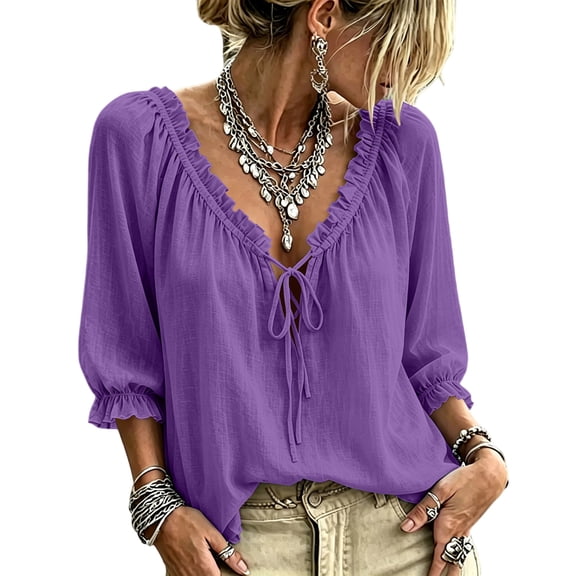 Women's Boho Peasant Blouse, Ruffle V-Neck Tie Front 3/4 Puff Sleeve Shirt, Loose Fit Solid Color Dressy Casual Summer Top for Work, Vacation, Beach, Travel and Everyday Wear