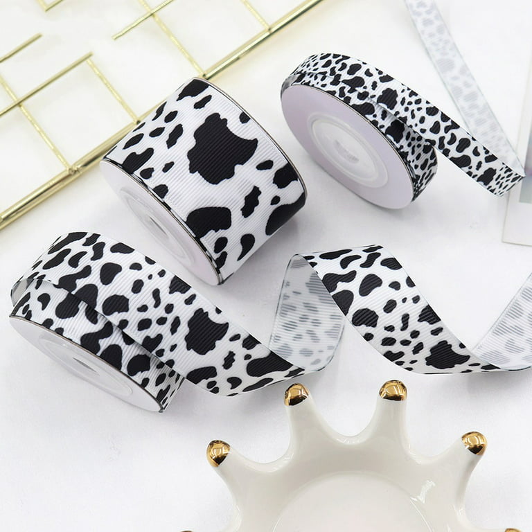 2 Rolls 10 Yards Cow Print Ribbons for Crafts,Grosgrain White Black Cow  Print Ribbon Edge Ribbon Cow Spot Pattern Ornaments Fabric Ribbons for DIY