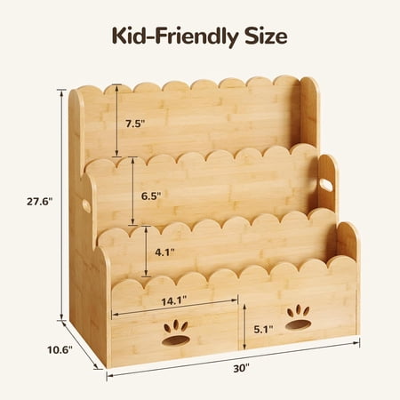 Kids Bookshelf with 2 Drawers, 3-Tier Bamboo Book Shelf for Kids Rooms, Toddler Bookshelf for Nursery, Montessori Bookcase, Scalloped Bookshelves for Classroom, Playroom, Natural