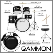 Gammon Percussion 5pc Junior Drum Set - Beginner Kit with Stool & Stands - Black