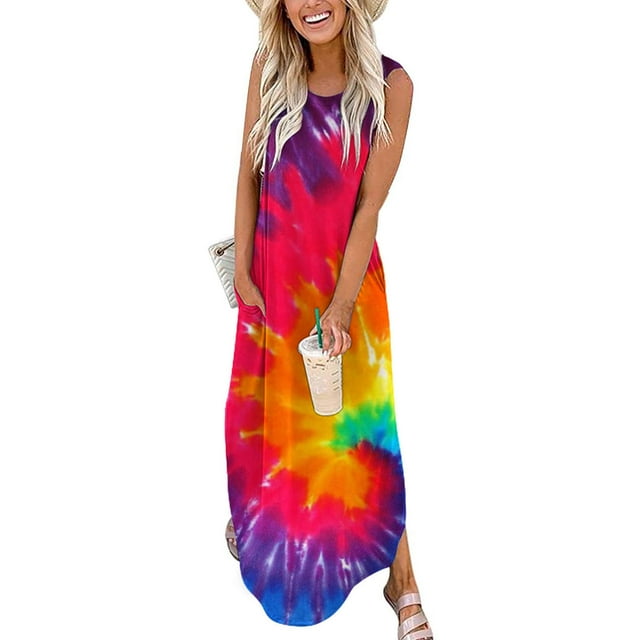 SMihono Robe Maxi Bohème d'Été pour Femmes Grande Taille Robes Maxi pour Femmes d'Été Décontractées Col Rond Croisé Sans Manches Fente Vacances Plage Poches Longue Robe Robe de Plage Évasée