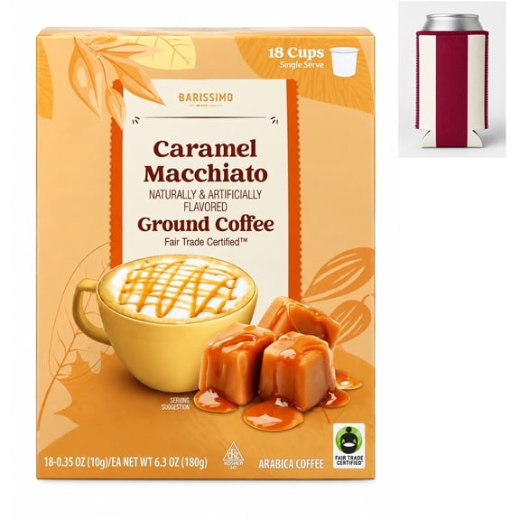 Barissimo Caramel Macchiato Light Roast Arabica Ground Coffee 18 Single Serve Cups 6.3oz w/ Can Cooler