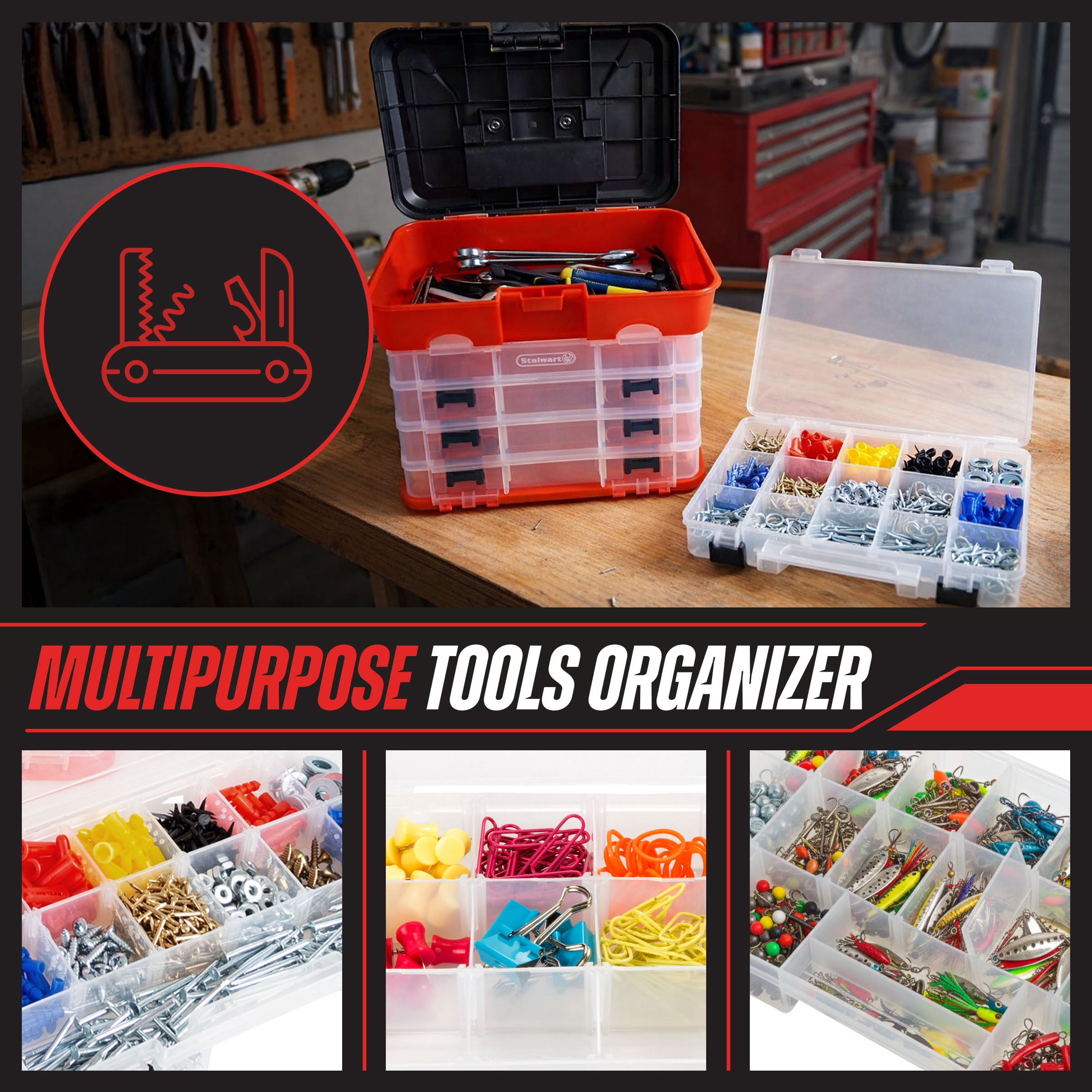 Stalwart Portable Tool Storage Box - Small Parts Organizer with 4 Trays