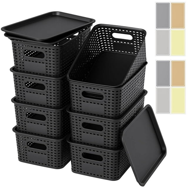 8 Cajas de Almacenamiento de Plástico con Tapa, Contenedores Apilables y Resistentes, 26.3x18.5x10.3 cm para Organizar Armario, Dormitorio, Baño, Cocina, Sala y Oficina (Negro)