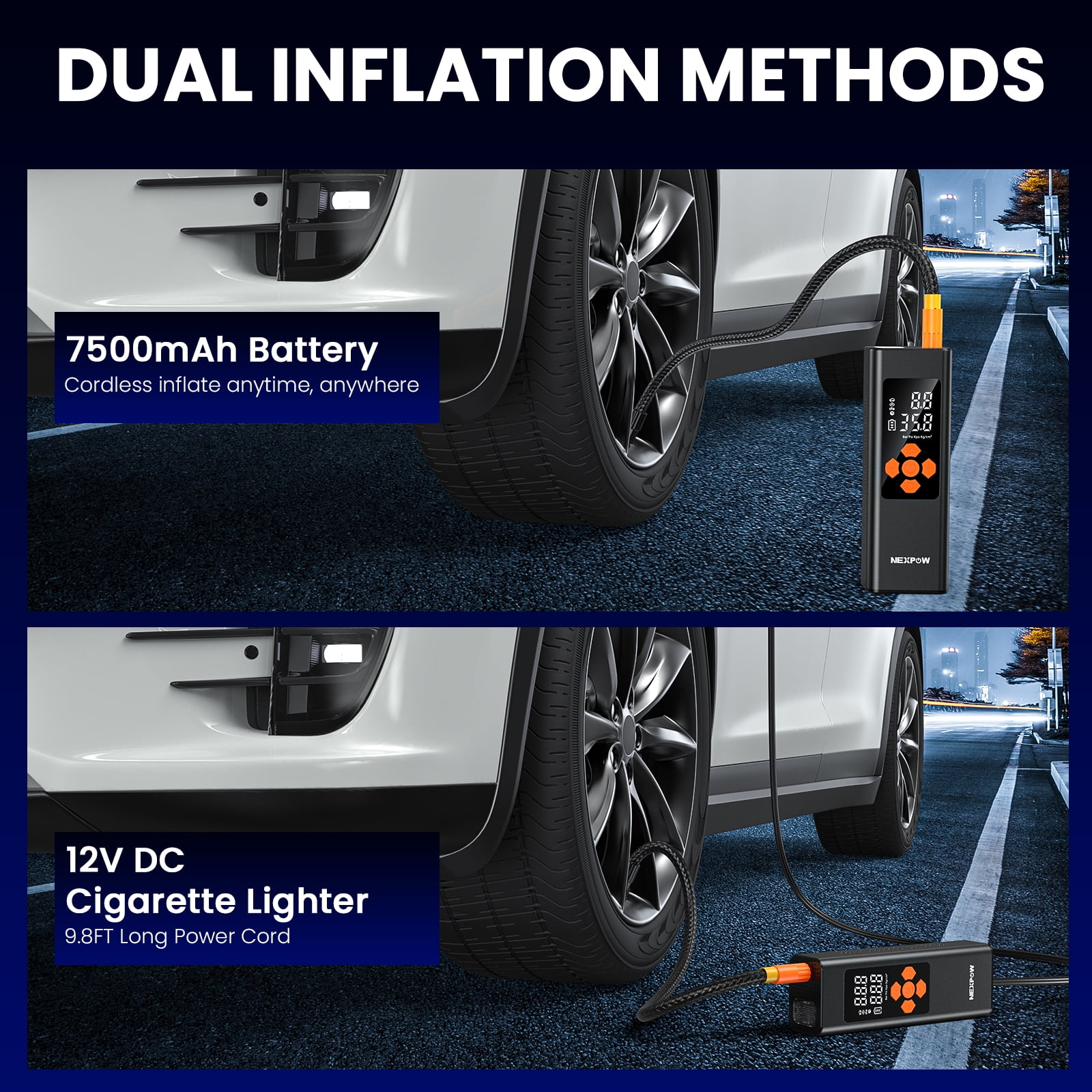 NEXPOW 150PSI Cordless Tire Inflator, 7500mAh Air Compressor with Dual-Screen Display & Auto Shut-Off, Portable Air Pump for Car/Motorcycle/Bike, USB Power Bank + LED Light, Black