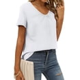 thumbnail image 3 of HUBERY Women Solid Color Pleated V Neck Short Sleeve Pullover Plain Top, 3 of 4