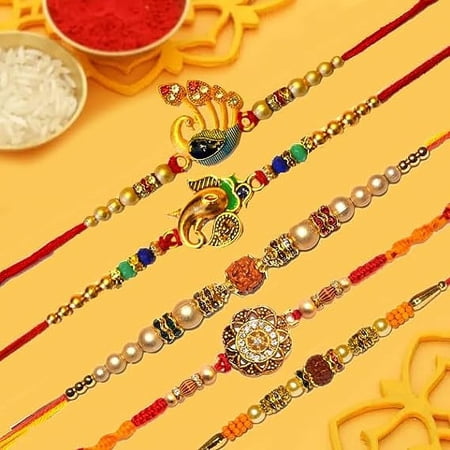 Rakhi for Brother Set of 5 on Raksha Bandhan | Rakih Bracelets Set of 5 | Designer Peacock Ganesha Rudraksha and diamonds Rakhi.
