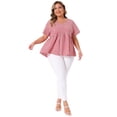 thumbnail image 2 of Blusa de mujer de talla grande Agnes Orinda, con estampado de cuadros, peplum, decoración de botones, escote en V, manga corta, estilo casual, babydoll, 4X roja, 2 of 6