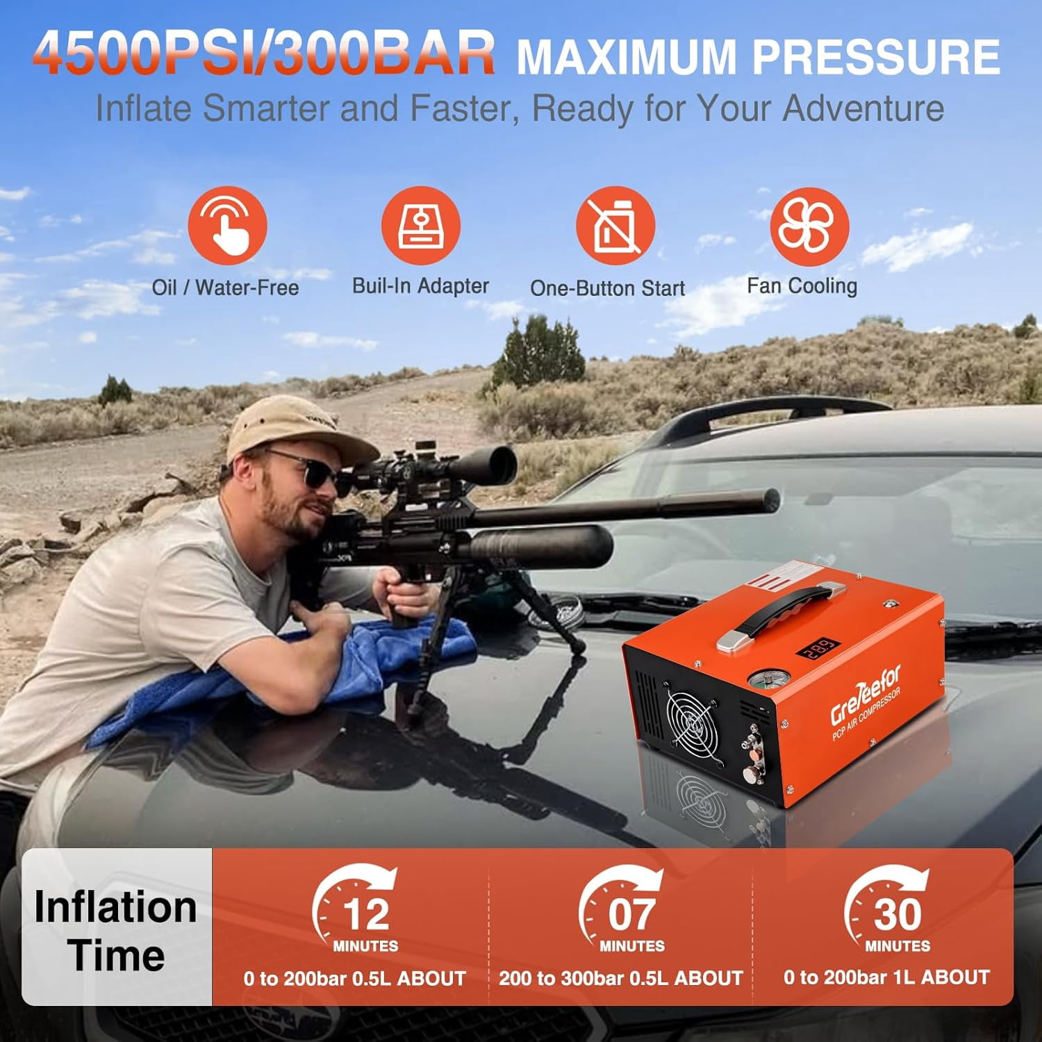 PCP Air Compressor 4500 PSI/30 MPa, 350W Oil-Free Portable Air Pump with Auto Shut-Off, 12V DC & 110V/220V AC for Air Rifles and HPA Tanks
