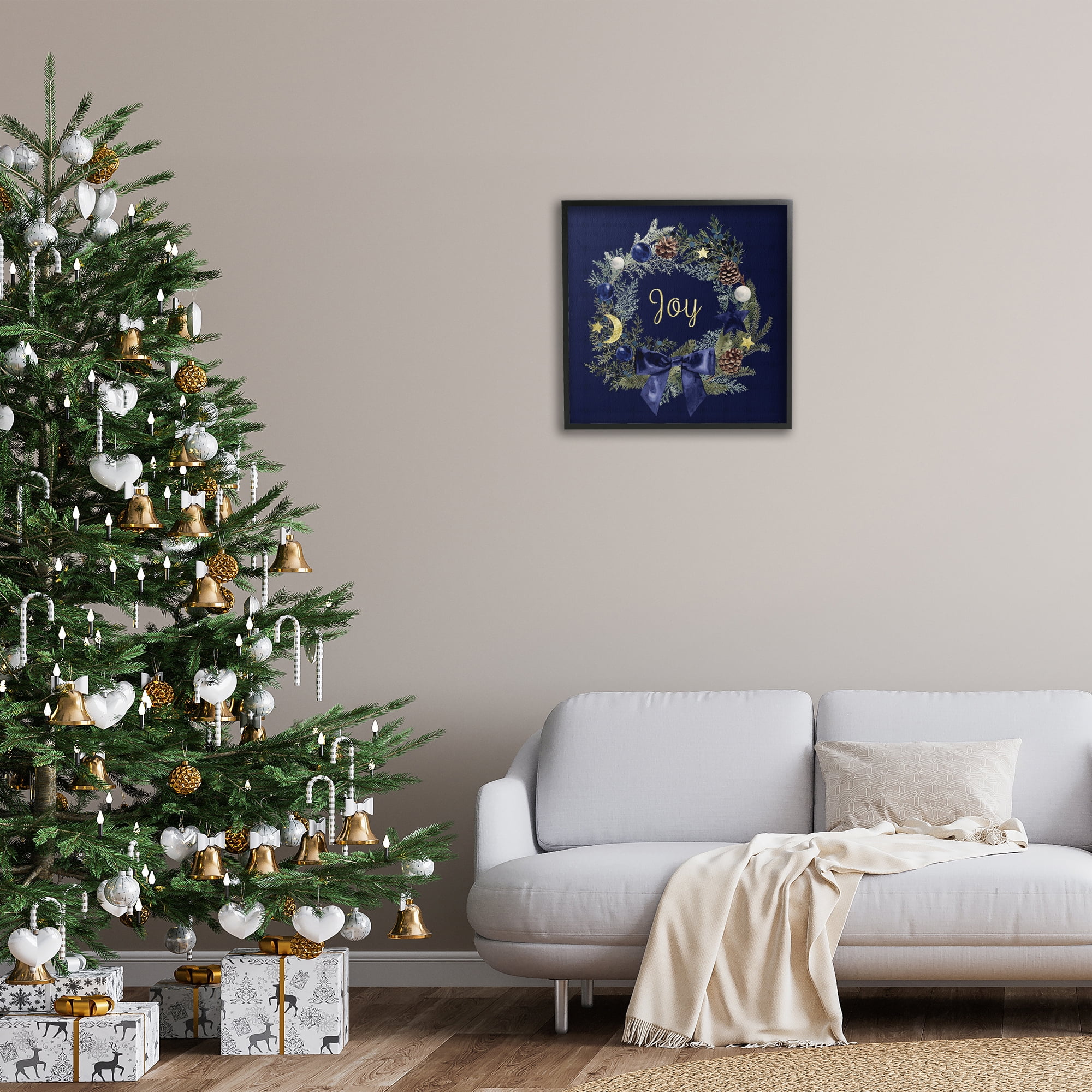 Stupell Industries Joy Holiday Wreath Holiday Painting Black Framed Art Print Wall Art, 24 x 24