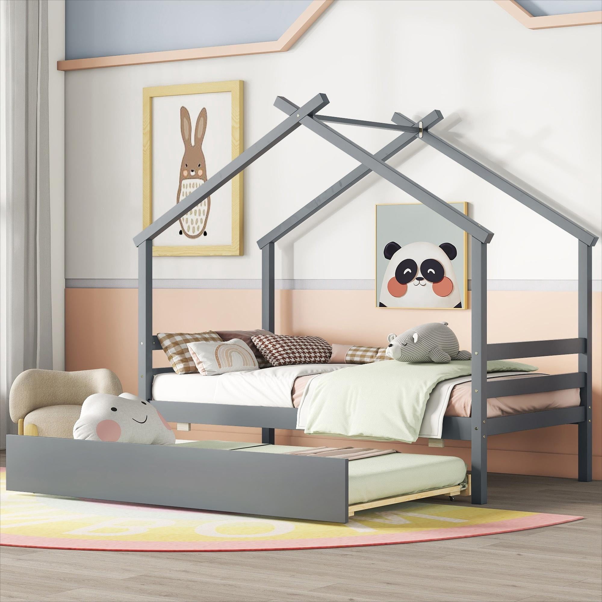 Bellemave House Bed with Trundle, Solid Wood Twin Size Playhouse Platform Bed with Roof, House Shaped Daybed for Teens (Gray)