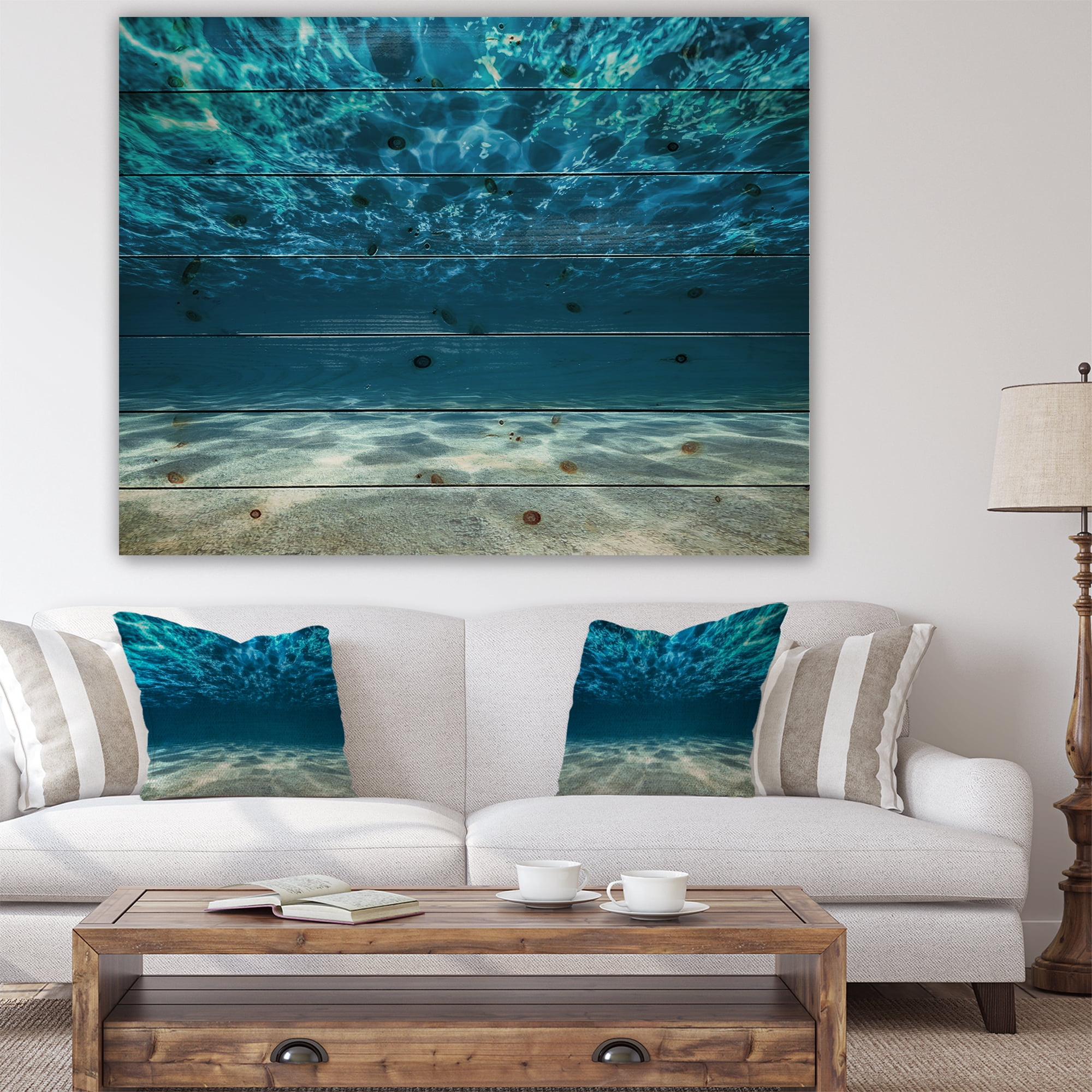 Designart 'Ocean Bottom Beneath the Surface' Sea & Shore Print on Natural Pine Wood