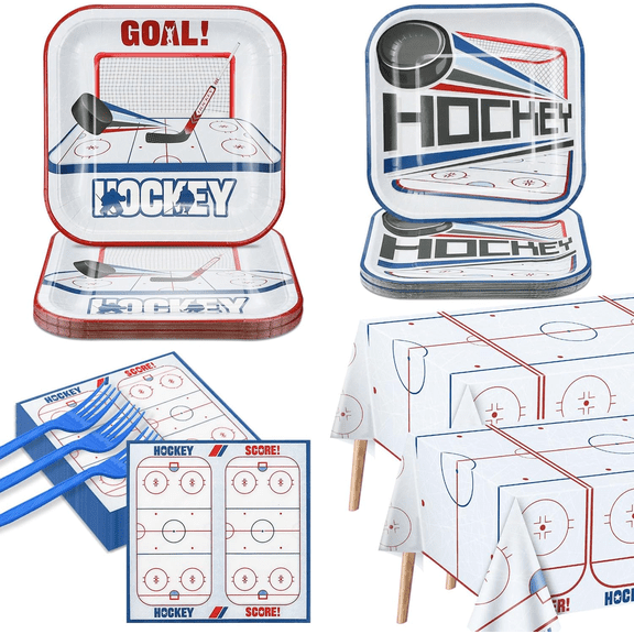 Hockey Birthday Decorations - 162Pcs Ice Hockey Tableware Pack, Disposable Hockey Theme Plates, Napkins, Tablecloth for Kids Fans Sports Birthday Party Supplies, Serve 40