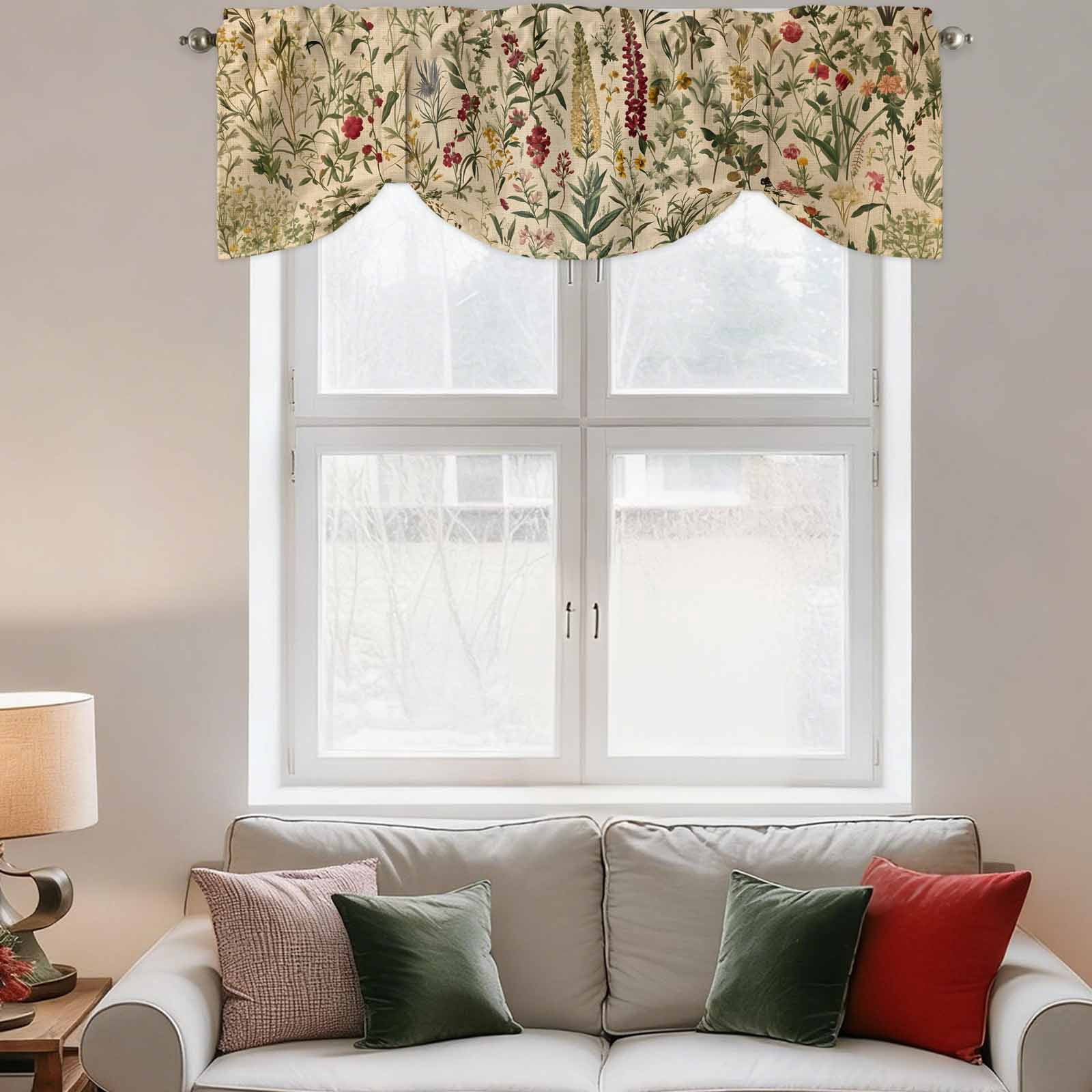 Vintage Flowers Tie Up Valances Curtain, Adjustable Kitchen Pastoral Red Flower Leaf Retro Linen Valances for Windows Decor, Rod Pocket Short Curtains Set for Bedroom/Bathroom, 42"x12"
