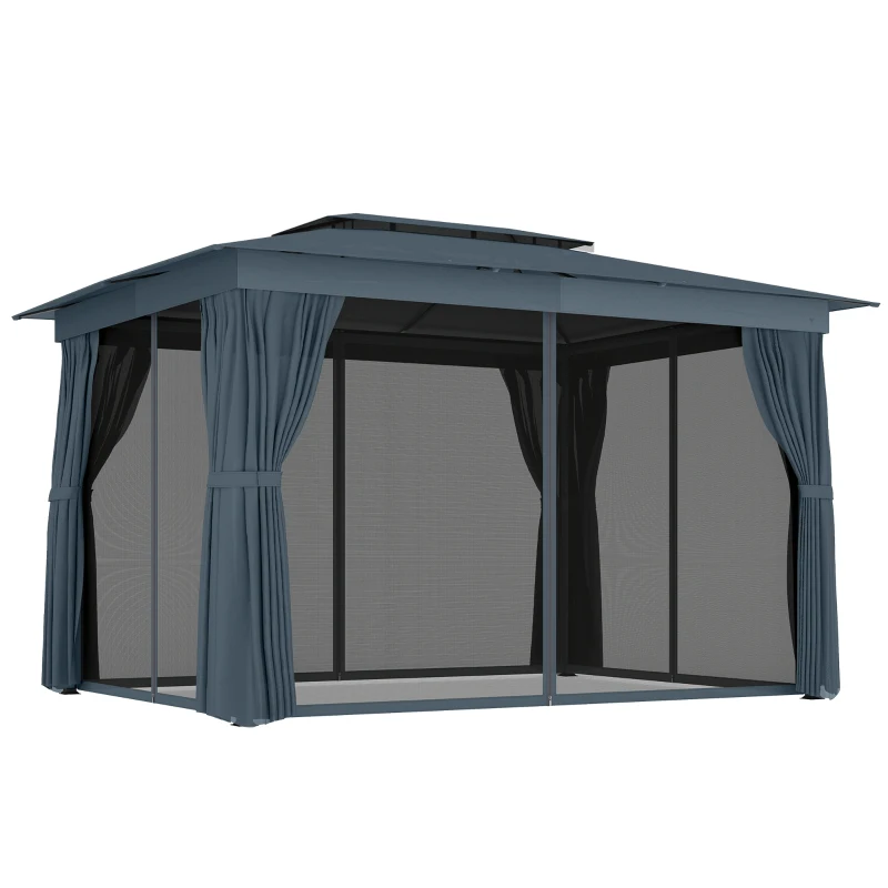 12 X 9 FT Double-roof Design Canopy Shelter, Large Outdoor Gazebo with Steel Columns, Outdoor Heavy Duty Party Tent with Mosquito Nettings and Privacy Screens for Backyard, Garden, Lawn, Blue