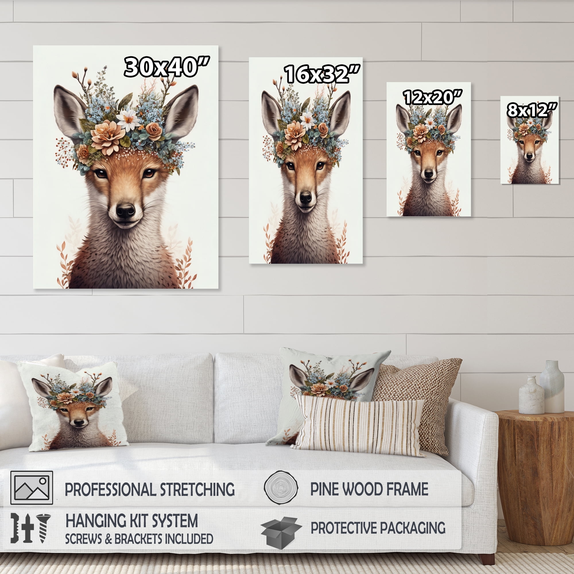Designart Cute Baby Fox With Floral Crown V Canvas Wall Art