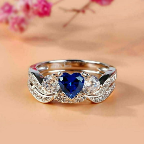 2.60Ct Heart Cut Lab Created Blue Sapphire Bridal Set Engagement Gift Ring 14K White Gold Plated Silver