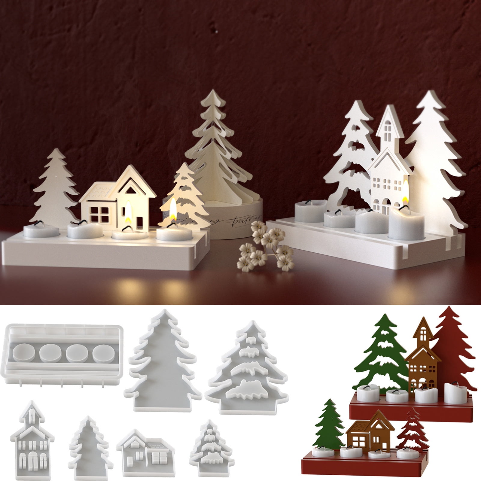 OIUR 7Pcs Silicone Molds Eco-friendly Easy to Clean Reusable Christmas Candle Holder Casting Moulds Party Supplies for DIY