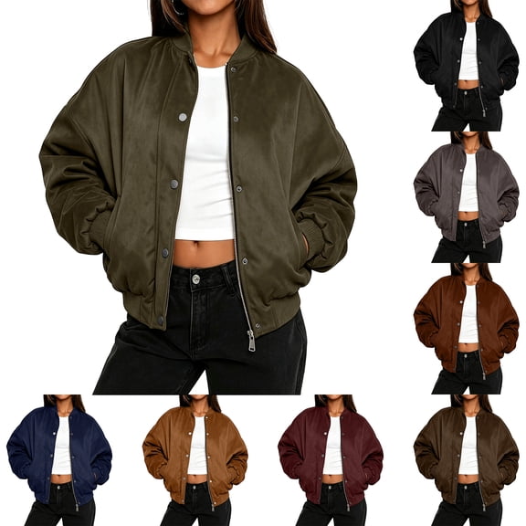 Sorvello Women's Suede Quilted Bomber Jacket Cropped Puffer Coat Lightweight Zip Snap Side Pockets Casual Trendy Winter Fall Outerwear for Women Black L