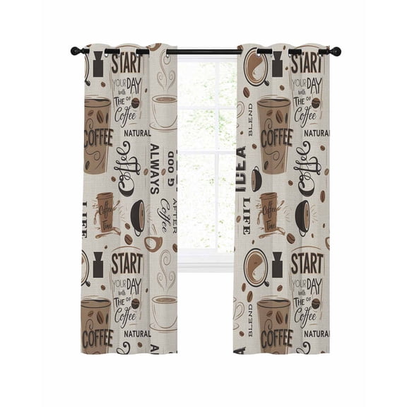 Coffee Blackout Curtains, Light Blocking Print Window Curtains, Brown Beans Cup Dessert Drink Monochrome Thermal Insulated Window Drapes for Living Room Kitchen Cafe 2 Panels, 84"W x 84"L
