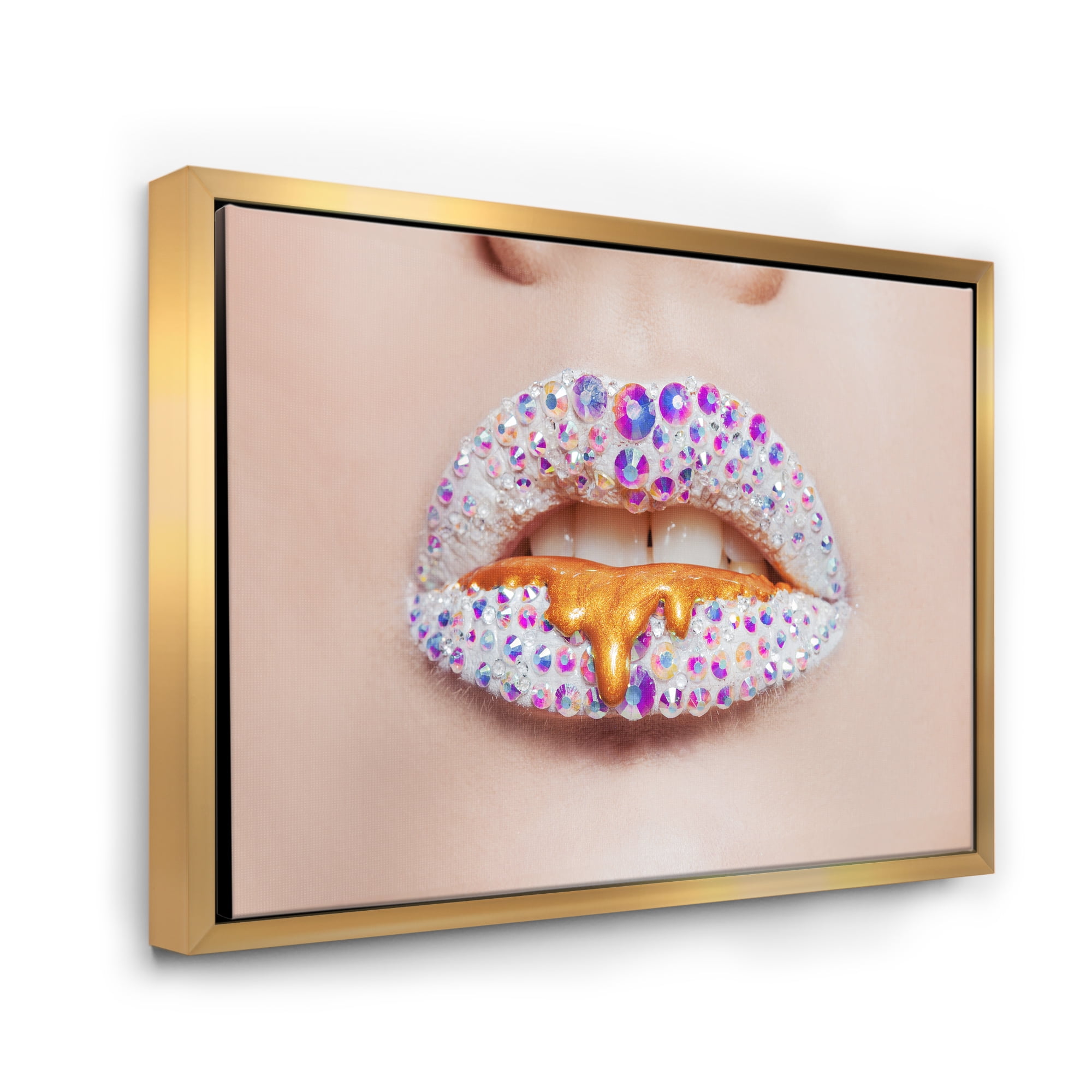 Designart 'Shining Woman Lips Covered With Rhinestones and Smudges' Modern Framed Canvas Wall Art Print