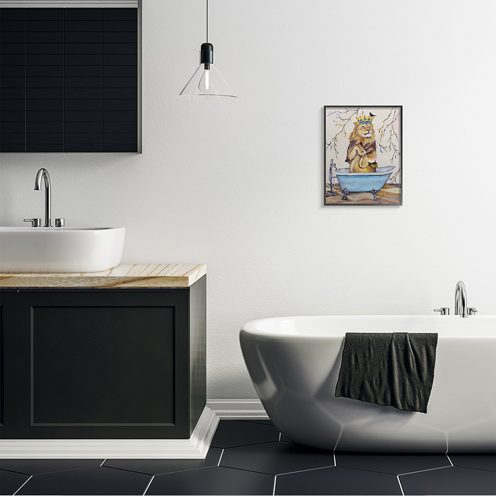Stupell Industries Regal Jungle Lion in Blue Claw Bath Black Framed by Karen Weber Fine Art