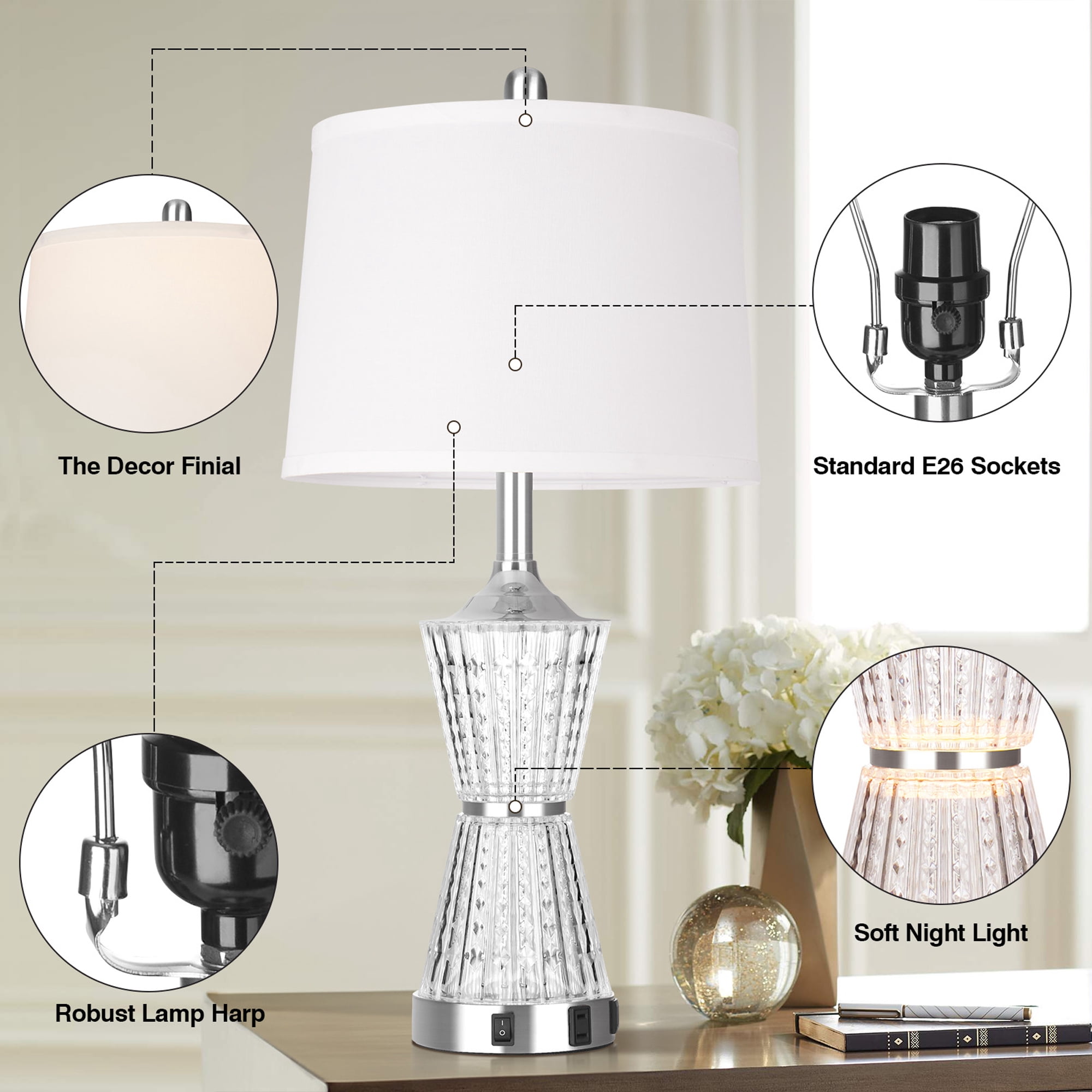 Cinkeda Acrylic Table Lamps Set of 2 with Night Light USB Ports AC Outlet Modern Nightstand Lamp for Living Room Bedroom(2 Bulbs)