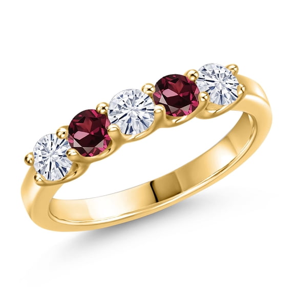 Gem Stone King 18K Yellow Gold Plated Silver White Moissanite and Red Rhodolite Garnet Wedding-Bands Ring for Women | 0.92 Cttw | Round 3.5MM | Gemstone Birthstone | Size 9