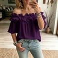 thumbnail image 4 of Uootdi Beach Tops for Women Off The Shoulder Ruffle Trim 3/4 Flare Sleeve Plain Soft Woven Loose Fit Coastal Holiday Cute Summer Tops for Women, 4 of 5