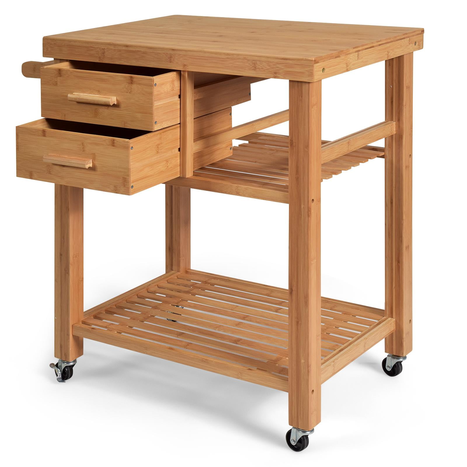 Giantex Bamboo Kitchen Island Cart Trolley, 3Tier Rolling Kitchen Cart