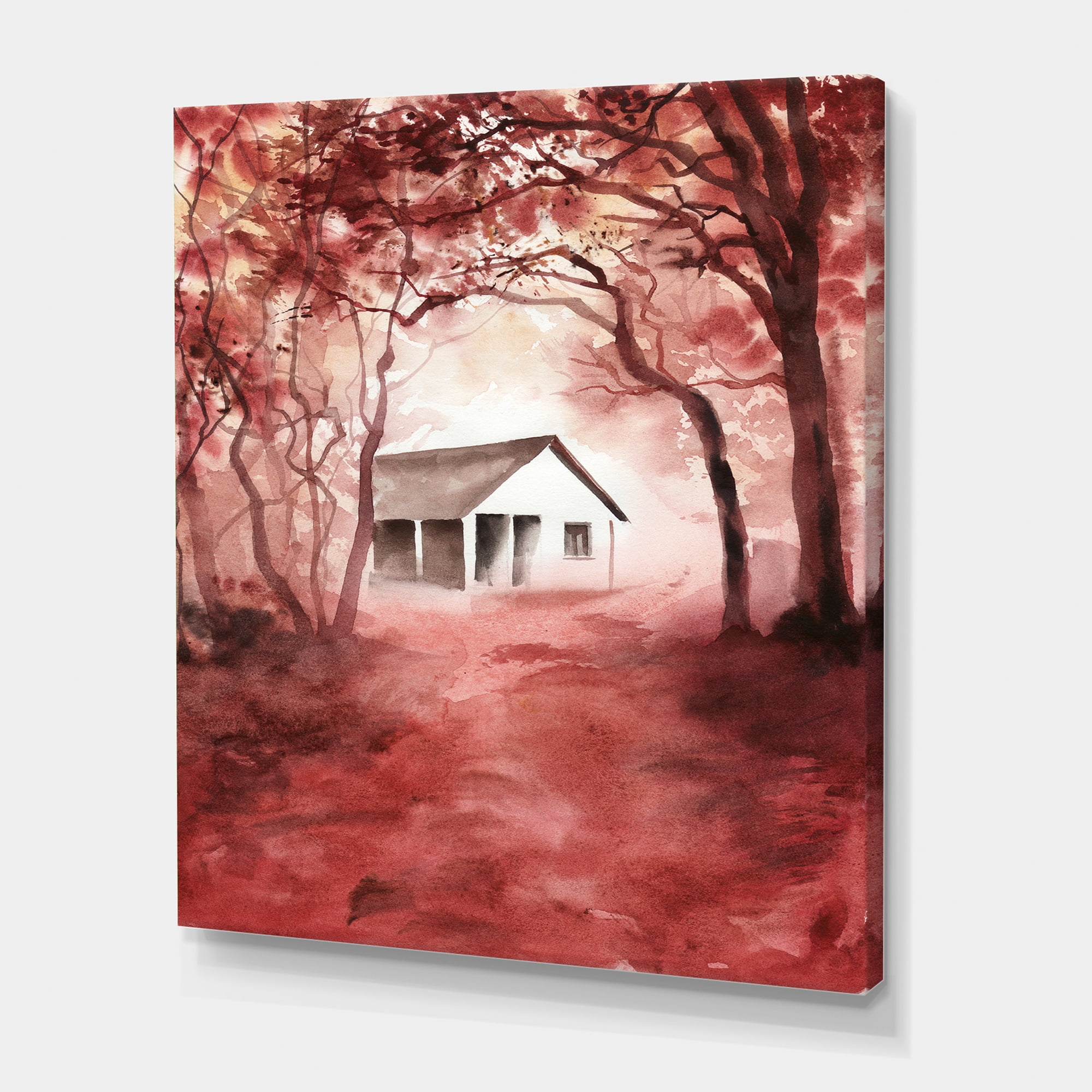 Designart ' Red Autumn Woods and A House in Wild ' Cabin & Lodge Canvas Wall Art Print