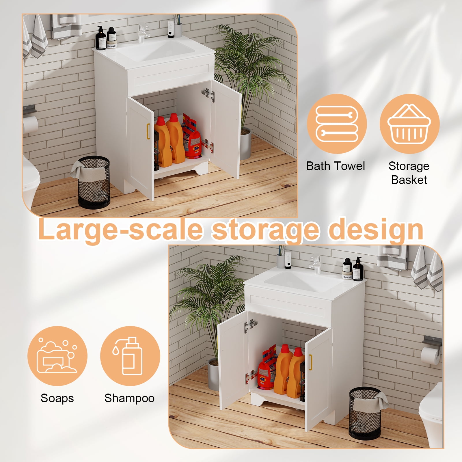 KZElegy 24" Bathroom Vanity with Sink Wooden Double Door Bathroom Storage Cabinet,Freestanding Cabinet Vanity with Ceramic Sink,White
