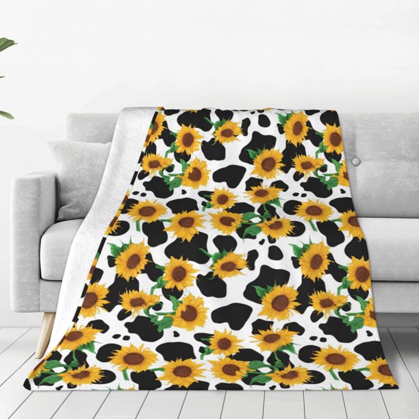 Fotbe Cute Cow Print Sunflower C Manta de Franela Acolchonada con Estampado, Súper Suave y Esponjosa, Extra Grande para Sofá, Cama, Uso Todo el Año-60"x50"