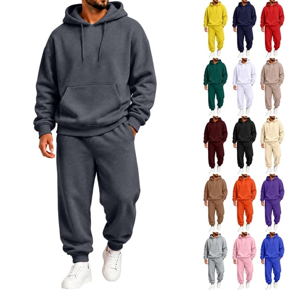 Mens Thermal Fleece Hoodie Sweatsuit Set, Relaxed Long Sleeve Hood Pullover & Side Pocket Pants, Gym Walking Matching Outfit Red M